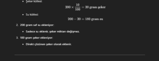 Kütlece %40 lık 500 gram şekerli su çözeltisinin son derişimi nedir?